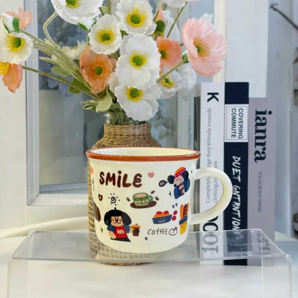 Kawaii Smile Ceramic Mug Cute Cartoon Dog Coffee Pattern Coffee Cup with Brown Rim 340ml Novelty Mug for Daily Use Gift H260323