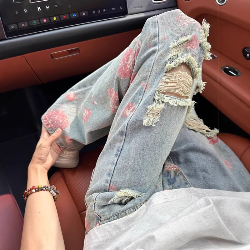 2026 New Designer Jeans Luxury Men's High Street Floral Print Distressed Loose Straight Leg Pants Fashion Trend Essential American Street Ripped 