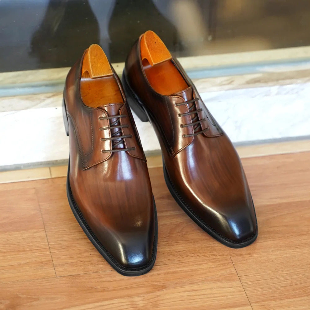 Mens Business Casual Shoes Distressed Wood Grain Square Toe Leather Derby Comfortable Office Wear Formal Dress Shoes Footwear 260316
