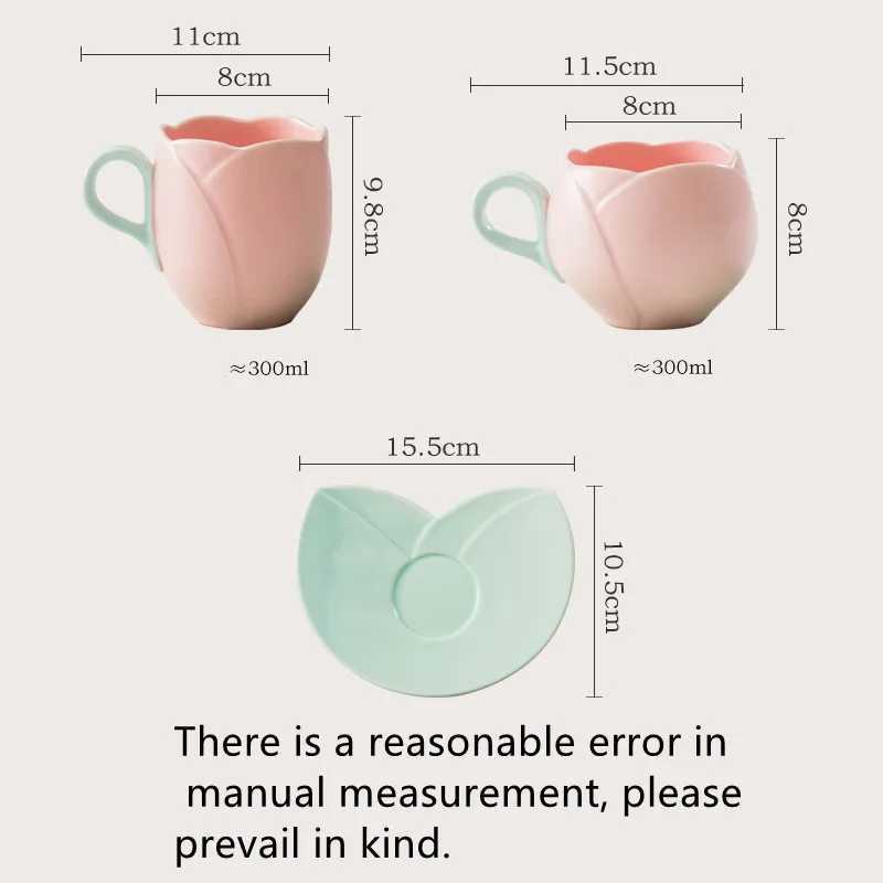 300ml Flower Mark Ceramic Cup And Plate Set Vintage Tulip Coffee Cup High Beauty Exquisite Pink Red Afternoon Tea Cup H260323