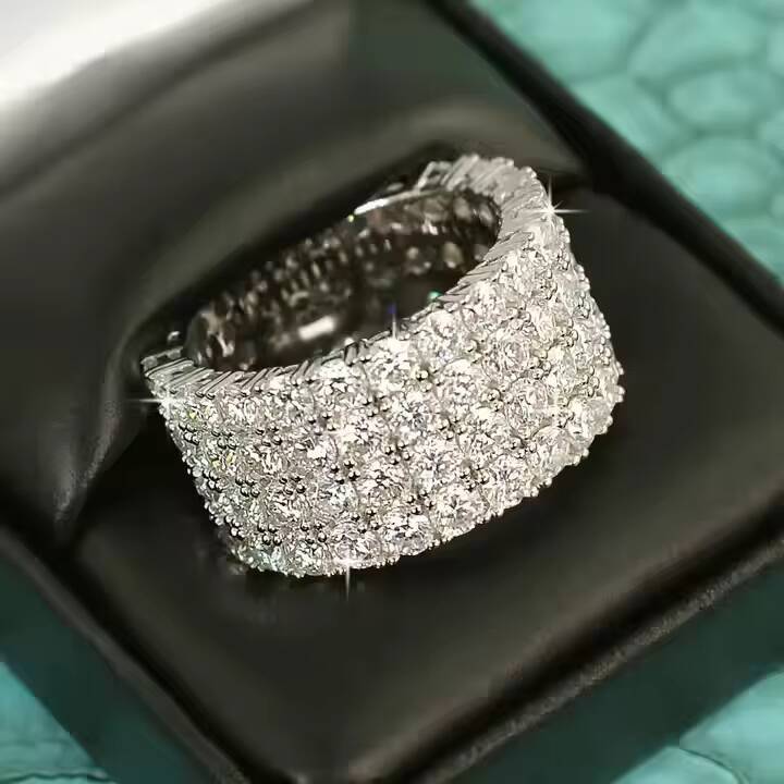 Four Row Lab Created Moissanite Cluster Signet Ring Trendy Stainless Steel IGI Certified Fashion Jewelry Unique Design for Gift