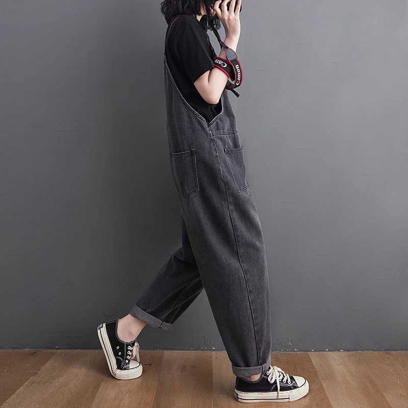 Denim Jumpsuit For Women Spring Autumn Grey Loose Jean Overalls Baggy Suspender Wide Leg Rompers All Match Trousers M260323