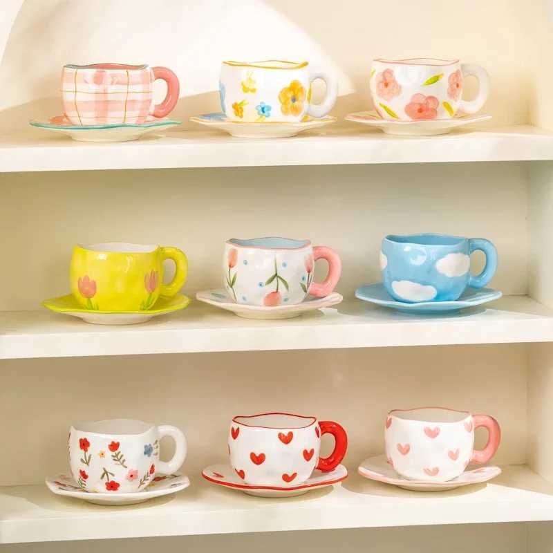 300ML Korean Style Hand Pinched Irregular Ceramic mug Hand-painted Flower Heart Coffee Cup Breakfast Milk Afternoon tea cup Gift D260323
