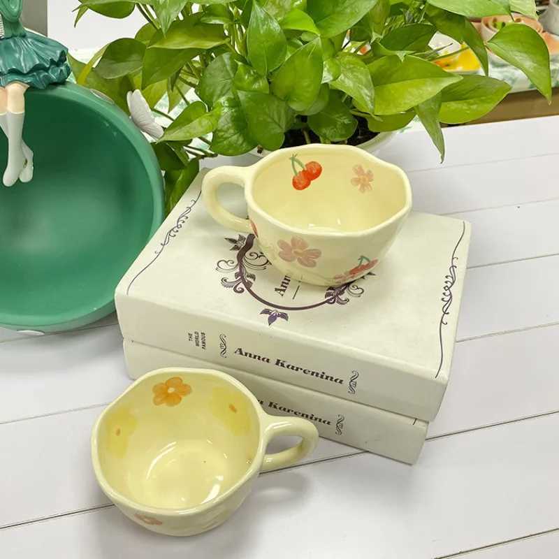 Ceramic Mugs Irregular Flower Coffee Milk Yellow Hand Pinched Cups Cute Korean Style Oat Breakfast Juice Black Tea Kawaii Cup D260323