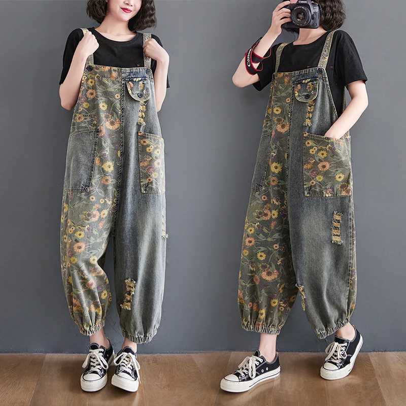 Casual Oversized Print Floral Denim Overalls For Women Loose Wide Leg Mom Jeans Rompers And Jumpsuit Cargo Straps Baggy Pants M260323