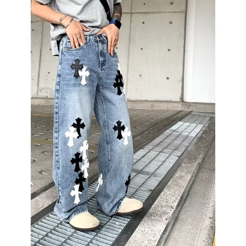 2026 Designer Jeans Spring Luxury Men's Loose Pants Fashion Black And White Leather Splicing Embroidered Wide Leg Straight Tube Youth Street Jean