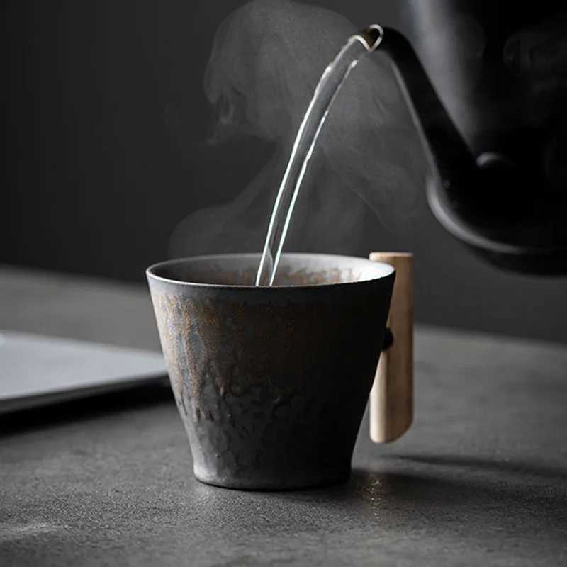 Japanese Style Coffee Cup Set Nordic Coarse Pottery Wood Handle Cup Creative Retro Water Cup Gray Gilded Retro Large Capacity D260323