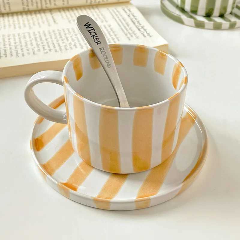 Creative Striped Ceramic Coffee Cup with Large Capacity Suitable Drinks Milk Breakfast Delicate Afternoon Tea Cup Dessert Coffee H260323