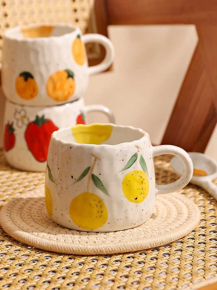 3pcs Small Ceramic Cup With Hand Drawn Strawberry Orange lemon Unique Handmade Cute Floral Mug Ideal For Restaurants H260323