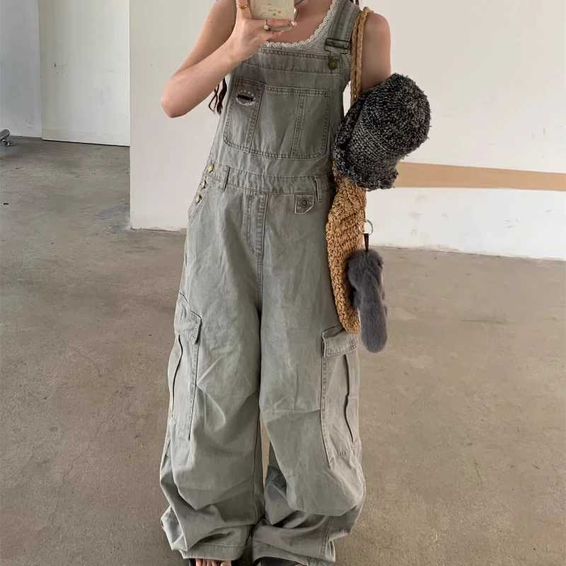 American Retro Design Gray Workwear Large Pocket Womens Jumpsuits 2026 Spring New Loose Sweet Cool Wide Leg Trousers Ladies M260323