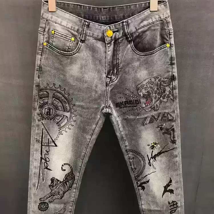 Designer Jeans Luxury Men's Trendy Brand Heavy Industry Tiger Printed Hot Diamond Grey Pants Street Fashion Essential Youth Casual Sports Loose S