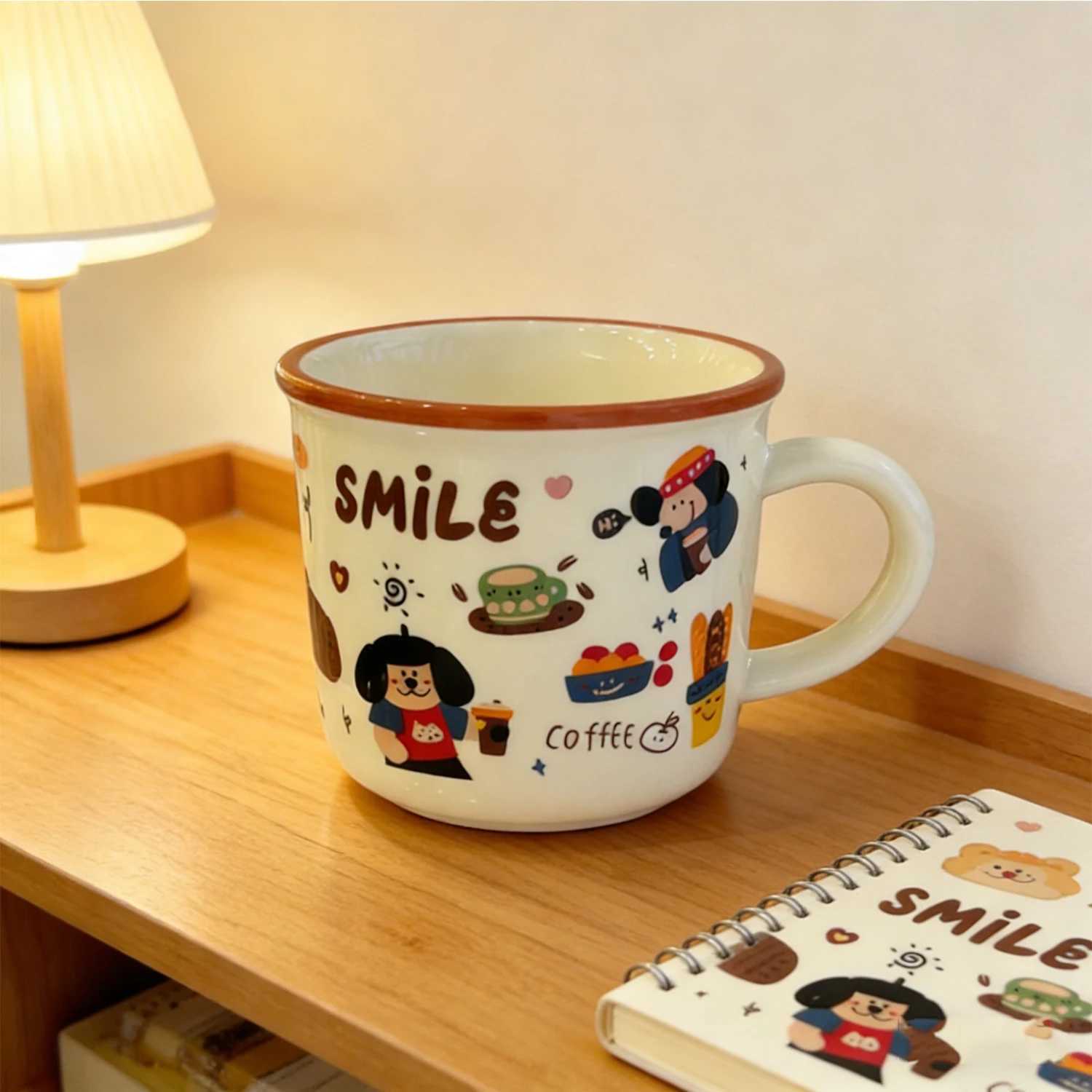 Kawaii Smile Ceramic Mug Cute Cartoon Dog Coffee Pattern Coffee Cup with Brown Rim 340ml Novelty Mug for Daily Use Gift H260323