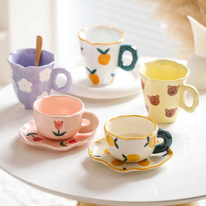 Creative Hand-painted Pattern Ceramic Mug Office Coffee Cup Afternoon Tea Cup Nice Breakfast Milk Drink Set with Saucer H260323