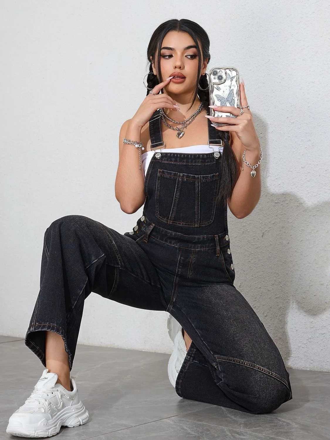 Womens Vintage Black Denim Jumpsuit Wide Leg Overalls Loose Fit Spring Fall Casual Romper Fashion Oversized Staple Bib Pants M260323
