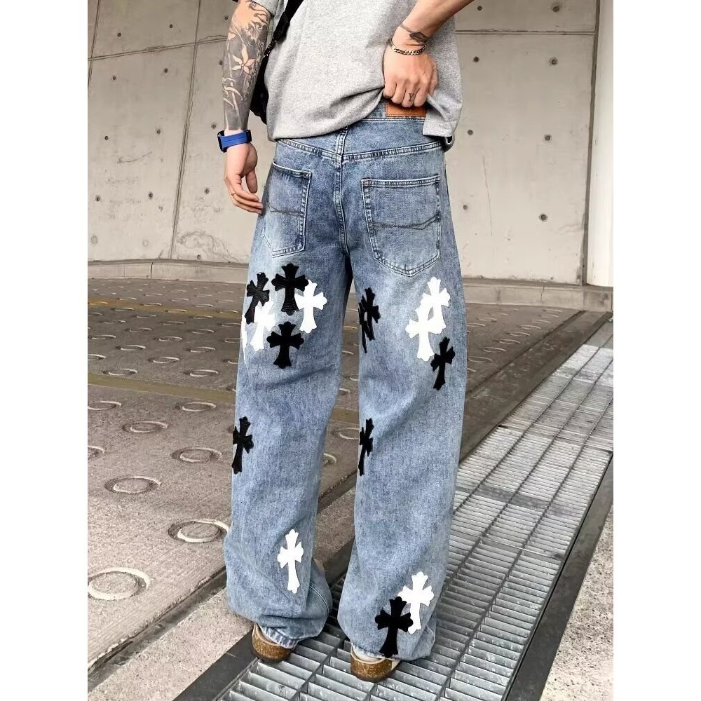 2026 Designer Jeans Spring Luxury Men's Loose Pants Fashion Black And White Leather Splicing Embroidered Wide Leg Straight Tube Youth Street Jean