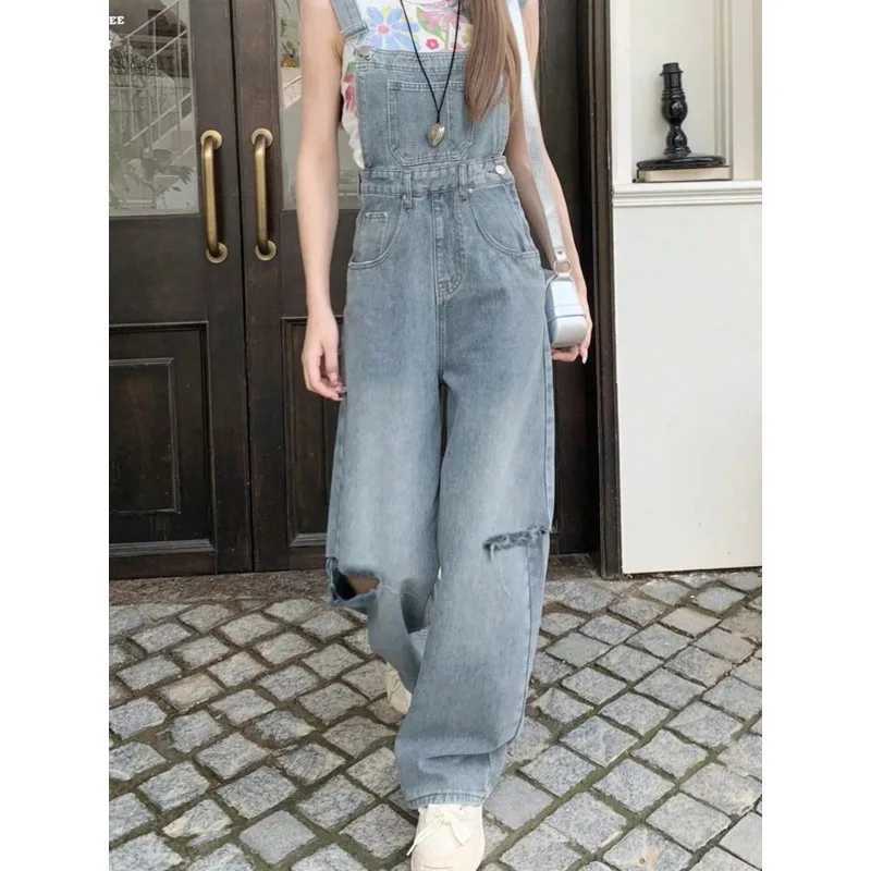 Retro Waed Hole Wide Leg Pants High Waist Loose Straight Jeans Women Summer Chic Denim Overalls Blue Long Trousers M260323