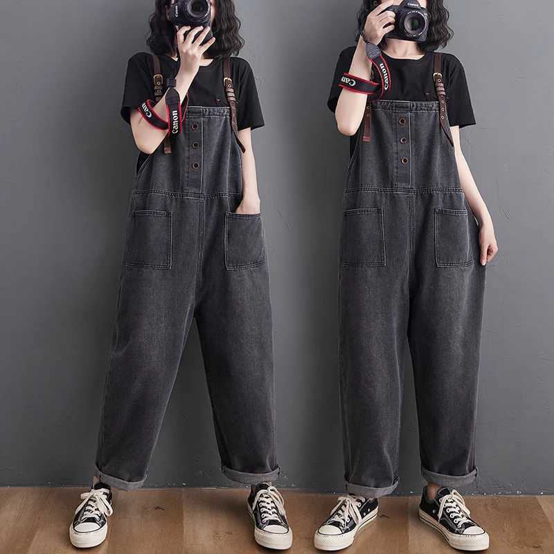 Denim Jumpsuit For Women Spring Autumn Grey Loose Jean Overalls Baggy Suspender Wide Leg Rompers All Match Trousers M260323