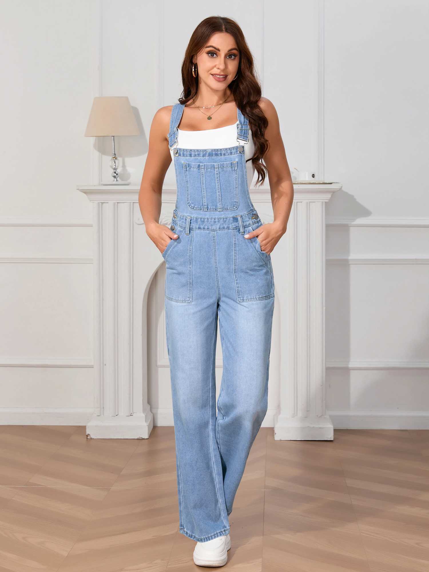 Womens Washed Denim Overalls - Vintage Euro American Style Strappy Jumpsuit High Waist Casual Romper with Adjustable Straps M260323