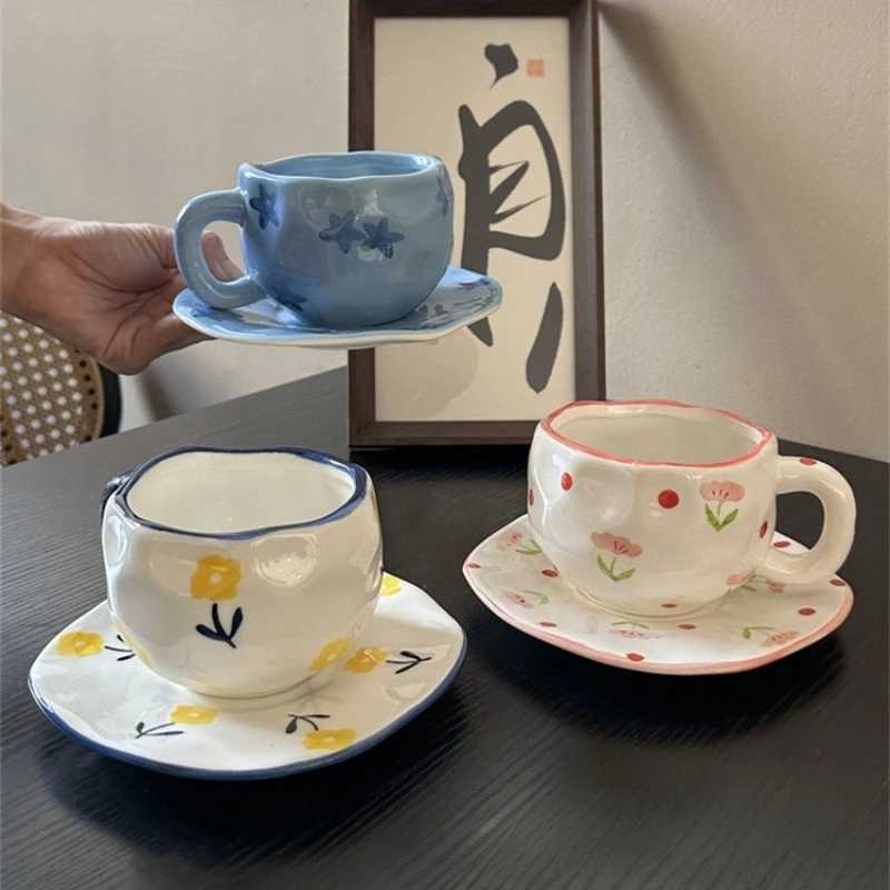 Japanese Retro Style Ceramic Coffee Cups and Plates Hand-painted Irregular Cups and Plates High-value Dessert Cups and Plates H260323