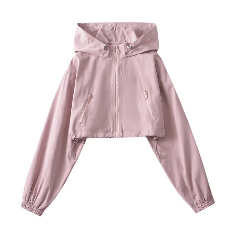 Autumn Gorpcore Cargo Stylish Black Hooded Cropped Top Windbreaker Women Zipper Bomber Jacket Coat Pink Green Beige 240820
