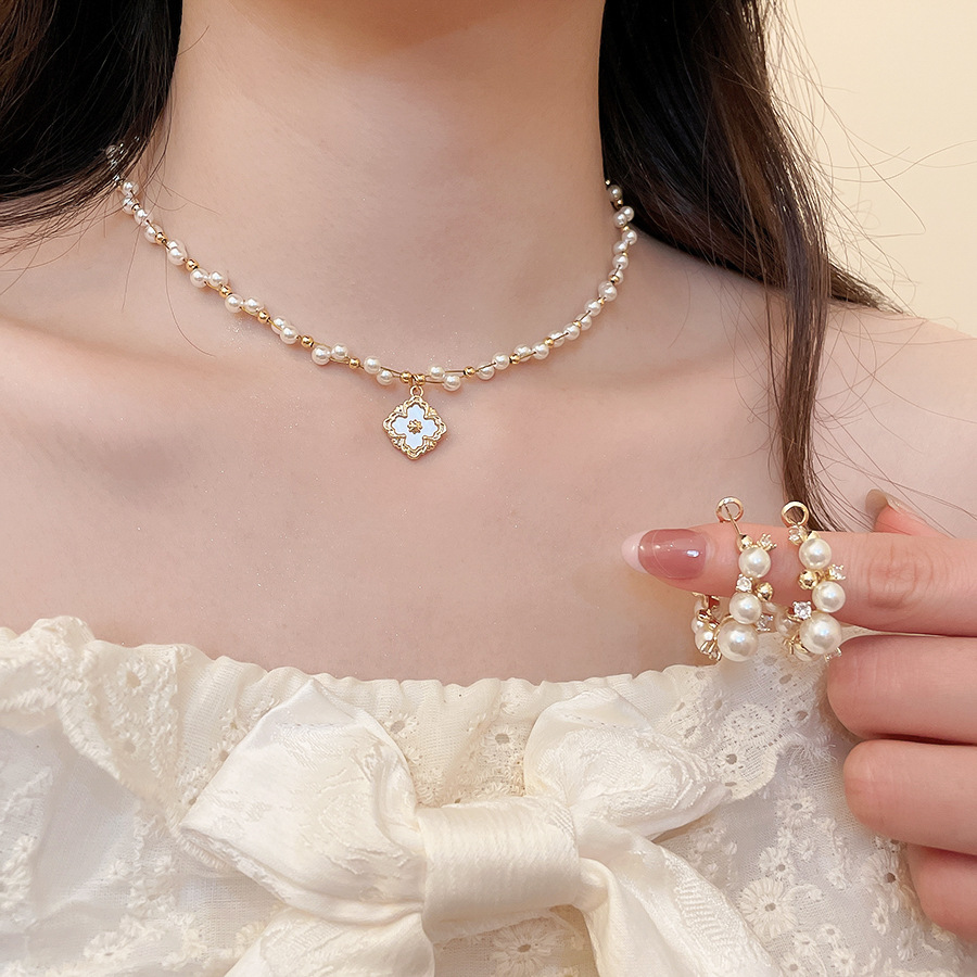 French-style zircon flower pearl earrings, bracelet, necklace, exquisite and elegant niche jewelry set, light luxury accessories - view 3