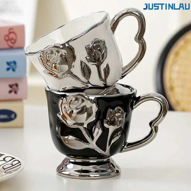 JUSTINLAU 450ml Rose Relief Coffee Mug Ceramic Light Luxury Style Retro Rose Carved Cup Desktop Cup A Must-have Gift for Couples H260323