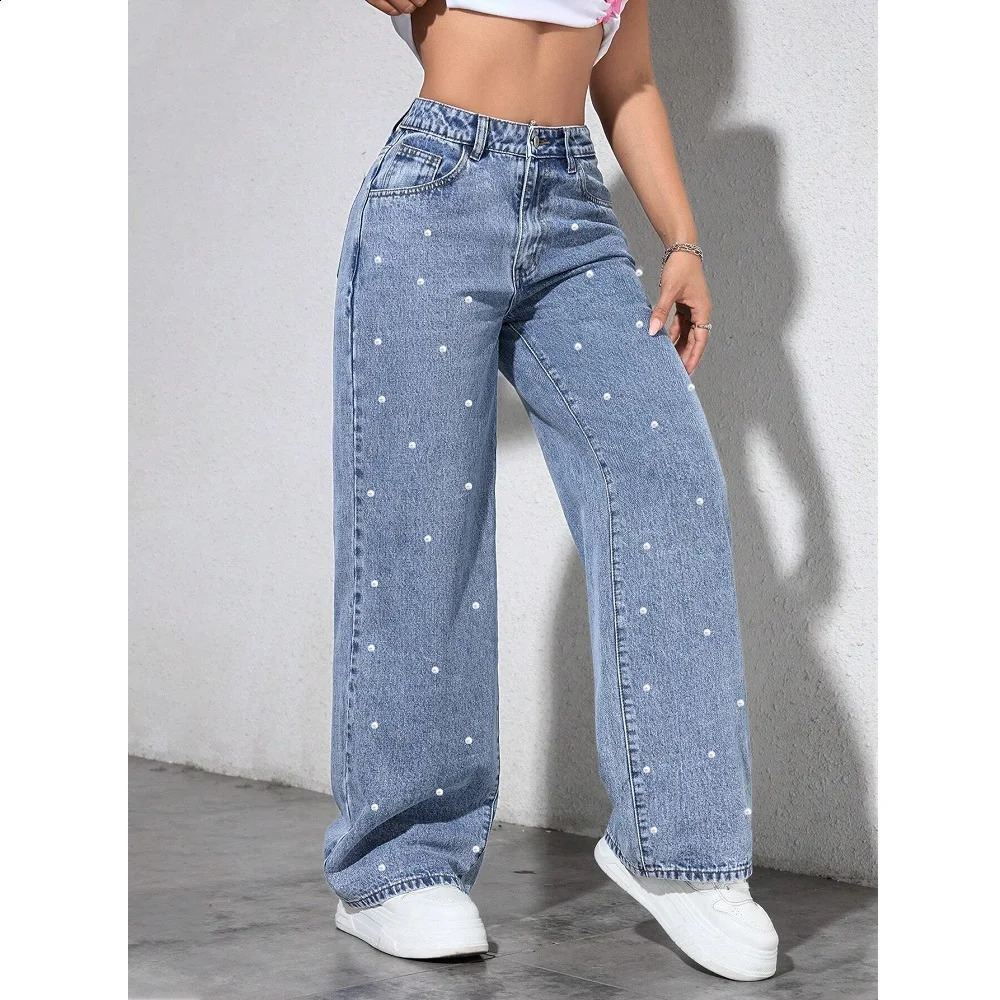 Women High Waist Denim Jeans Ladies Fashion Beading Straight Pants 260625 - view 5