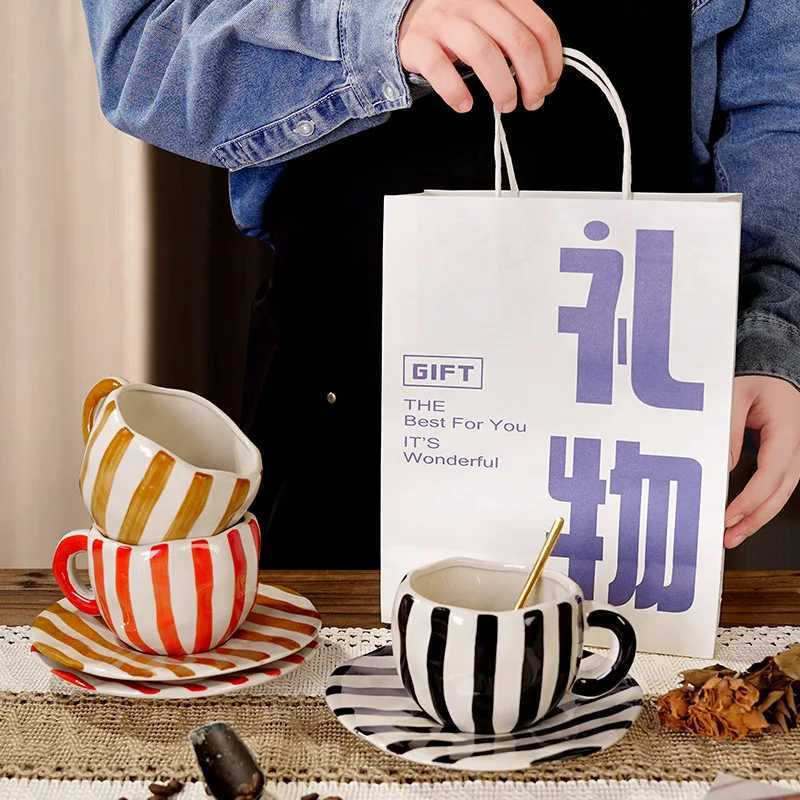 Nordic Retro Hand Painted Ceramic Mug Saucer Set Irregular Coffee Cup with Tray 360ml Unique Gift for Birthday Party Home H260323