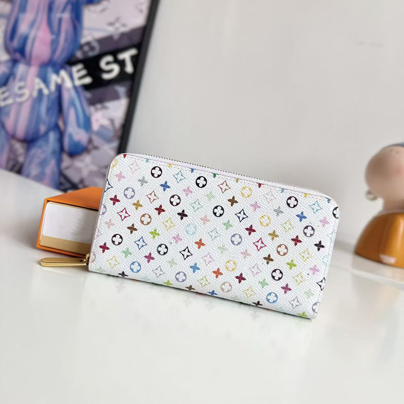 Women's Colored Print Long Zip Wallet Designer Coated Canvas Bi-Fold Purse with Leather Trim High Quality Large Capacity Zipper Coin Pouch With Box