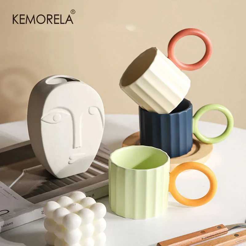 1Pc Nordic Round Handle Ceramic Coffee Mug for Coffee Tea Milk Water Couple Mug Microwave Safe Creative Birthday Gift Coffee Cup D260323