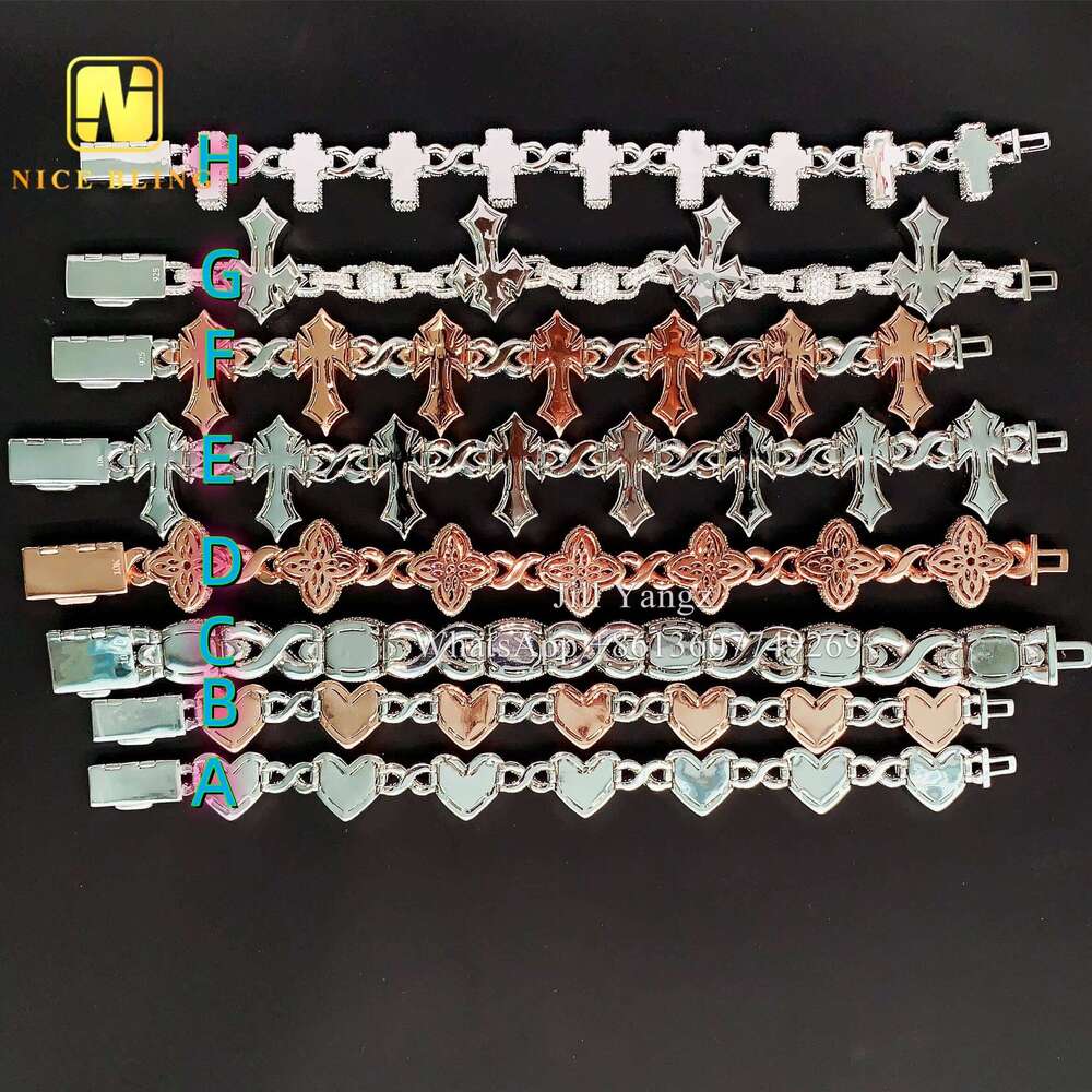 Ready Stocks New Styles Cross Heart Flower Clover Fancy Moissanite Bracelet Iced Out Cuban Link Chain Bracelet