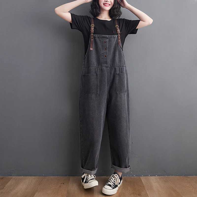 Denim Jumpsuit For Women Spring Autumn Grey Loose Jean Overalls Baggy Suspender Wide Leg Rompers All Match Trousers M260323