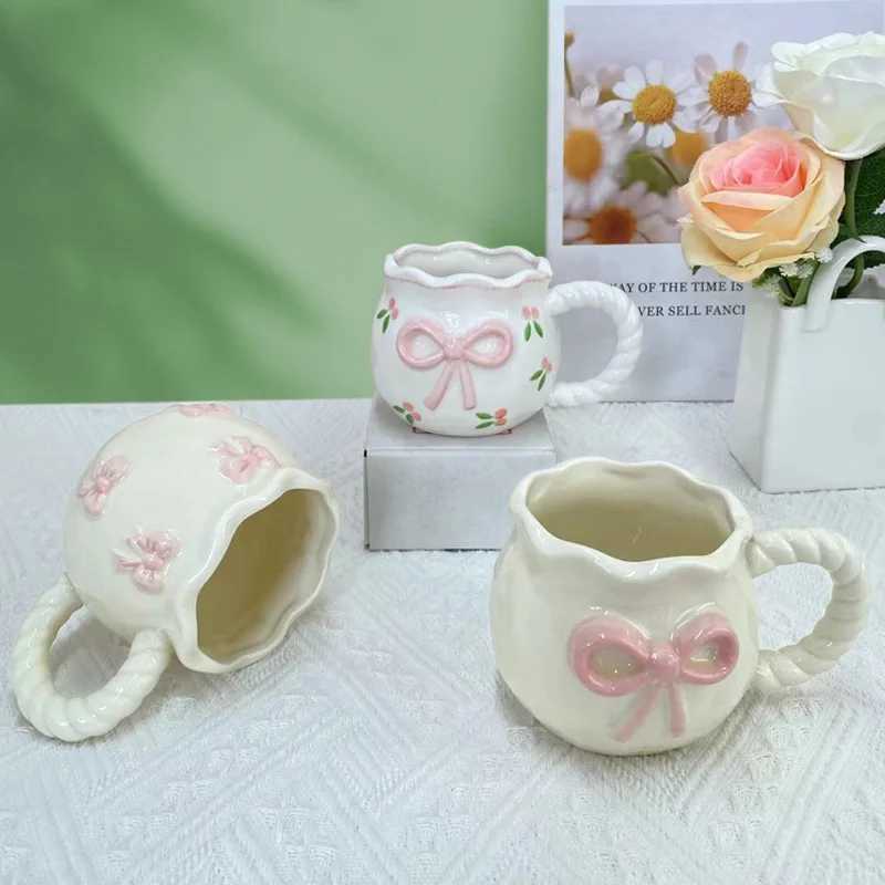 Bow Ceramic Coffee Cup Cute Handmade Ins Style Mug Drinking Water Afternoon Tea Gift Decoration Summer Dopamine Girlfriend Gift H260323