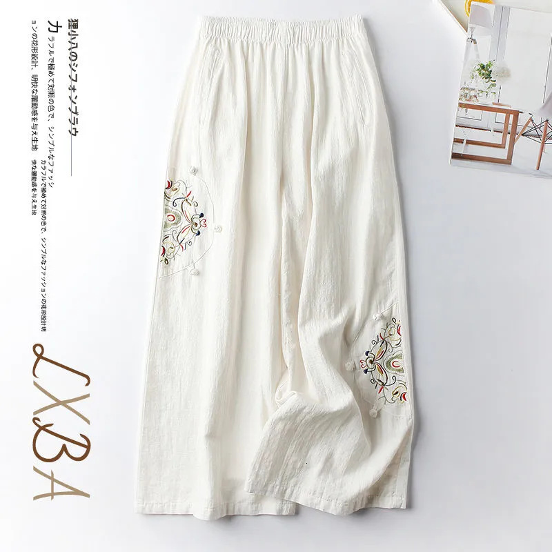 Women's Cotton-linen Casual Designer Pants Pants Spring-summer Thin Vintage Ethnic Style Embroidered Wide-leg Pants Versatile Slimming Cropped Pants For Women