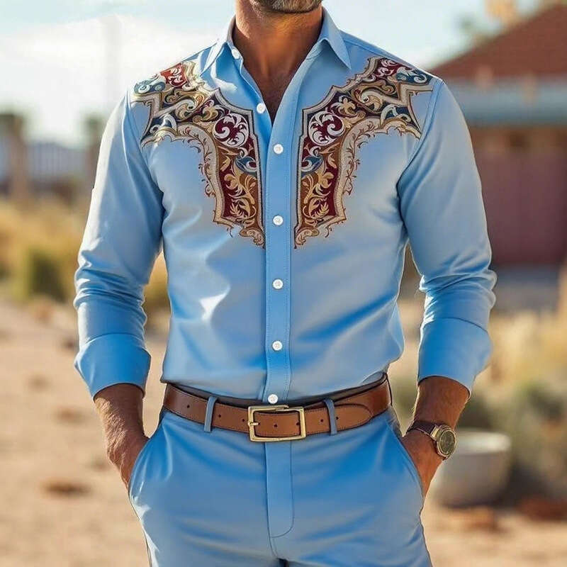 New Men's Fashion Shirt, American Western Style, Loose Fit, Printed Business Casual Long-Sleeve Shirt For Men