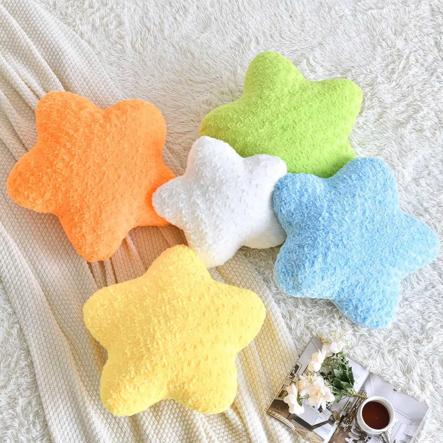 149 Star Shaped Plush Pillow Soft Faux Fur Decorative Throw for Couch Bed Sofa in White H260323