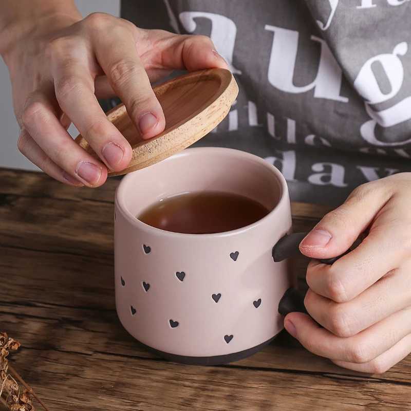 Underglaze Hand Painted Ceramic Mug Set Coarse Pottery Cute Pattern Large Coffee Cup for Couples Matching Pair Gift H260323