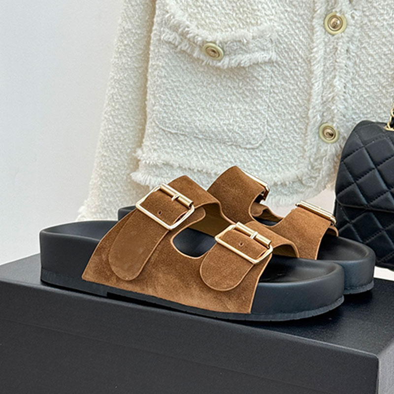 Retro brown women slippers 26SS Designer womens double belt buckle sandals thick soled woman shoes suede leather upper TPU anti slip outsole Beach Lady shoes