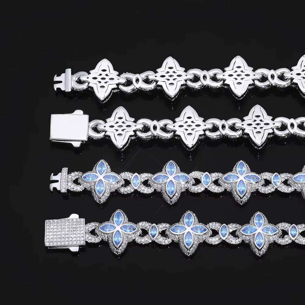 NUOYA Fine Jewelry Silver Plated Link Colorful Eye Moissanite Iced Out Diamond Four Leaf Clover Cuban Chain Bracelet Bracelet