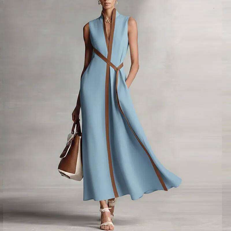 Elegant Contrast Striped Print Party Womens Spring Chic V Neck A-Line Long Dresses Summer Sleeveless Vacation Maxi Dress WONST