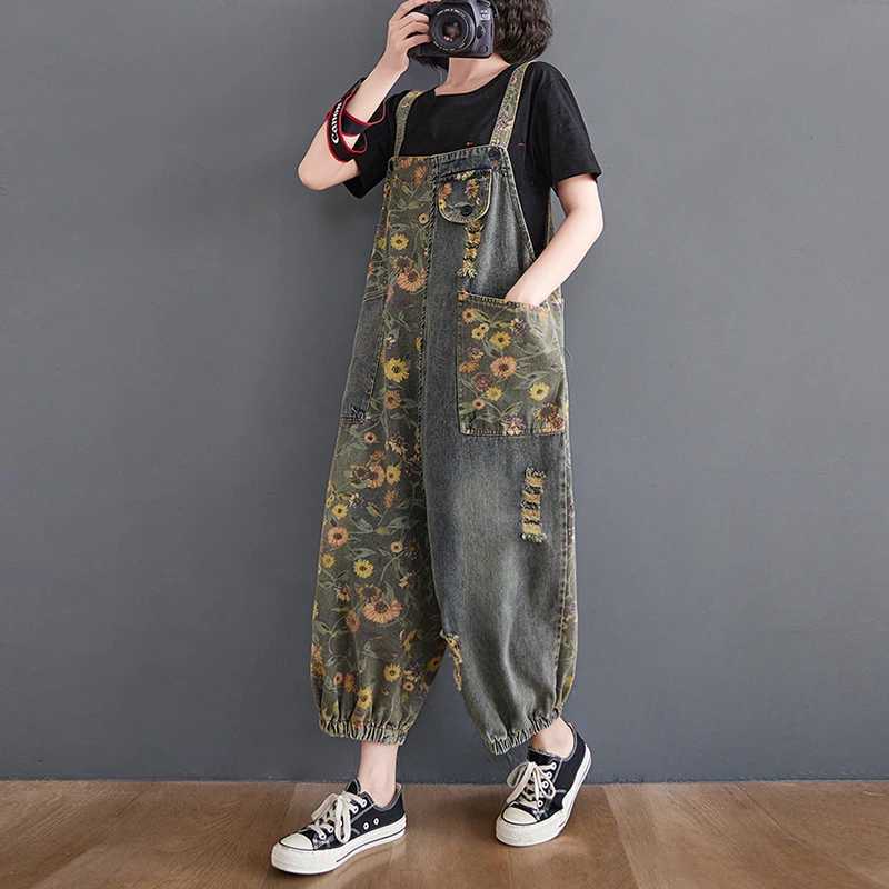 Casual Oversized Print Floral Denim Overalls For Women Loose Wide Leg Mom Jeans Rompers And Jumpsuit Cargo Straps Baggy Pants M260323