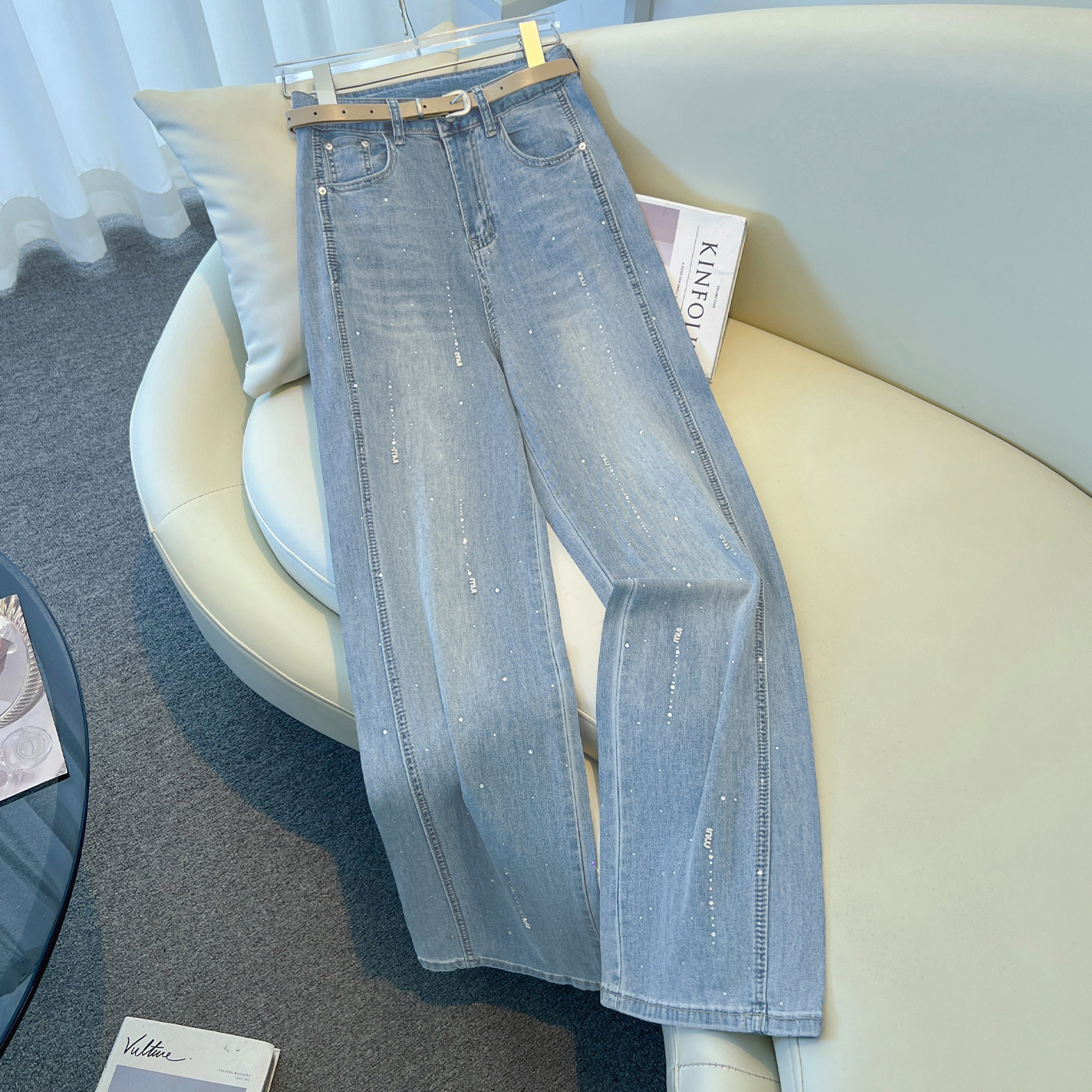 2026 New Women's Wide-leg Jeans For Designer Pants Spring And Autumn Loose Fit Slimming Narrow Version Height-enhancing With Rhinestone Detailing Comfortable And