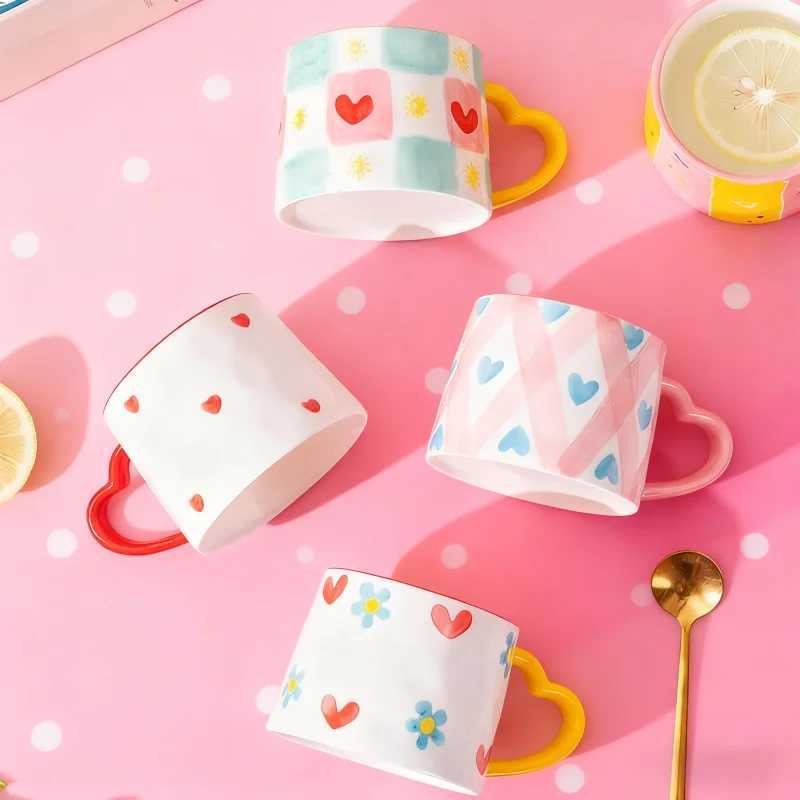 Ceramic Mug Creative Cute Hand-Painted Love Heart Coffee Cup Milk Oatmeal Breakfast Afternoon Tea Cup Valentines Day Present D260323