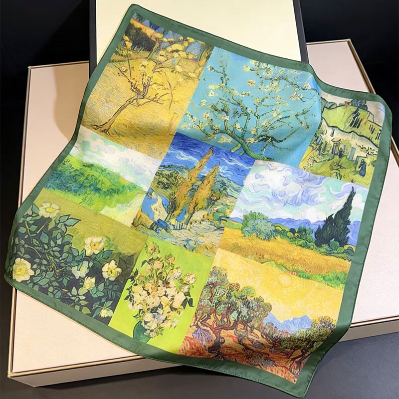 70x70cm Satin Imitation Silk Square Scarf Art Oil Painting Series Soft Smooth Lightweight Breathable All-Match Neck Scarf Shawl Headband Bag Decor