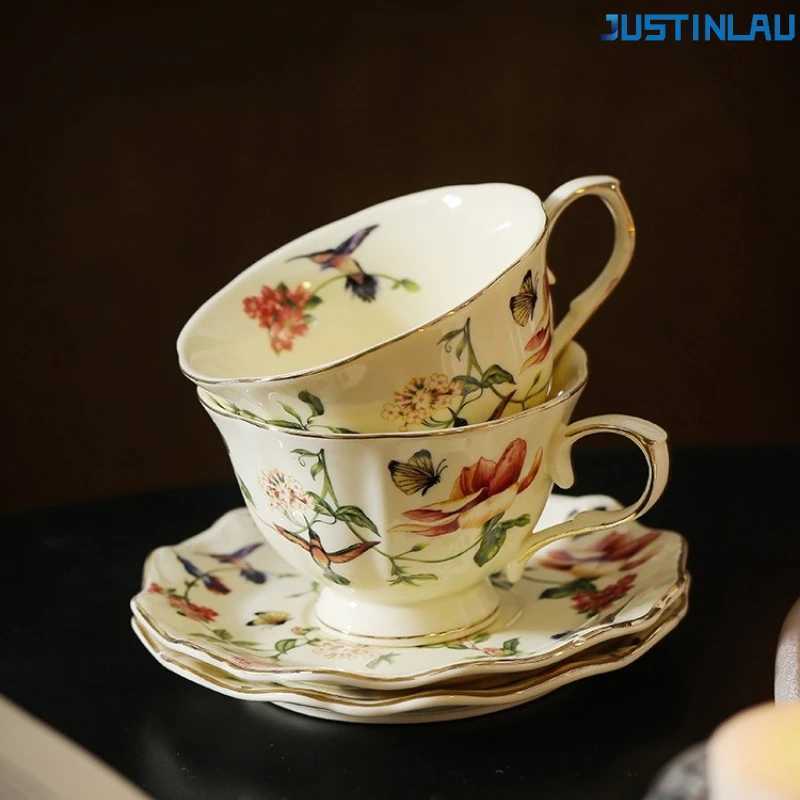 JUSTINLAU Palace Style Gold Flower Bird Coffee Cup and Plate Set Retro Ceramic High Aesthetic Home Afternoon Tea Cup Mugs D260323
