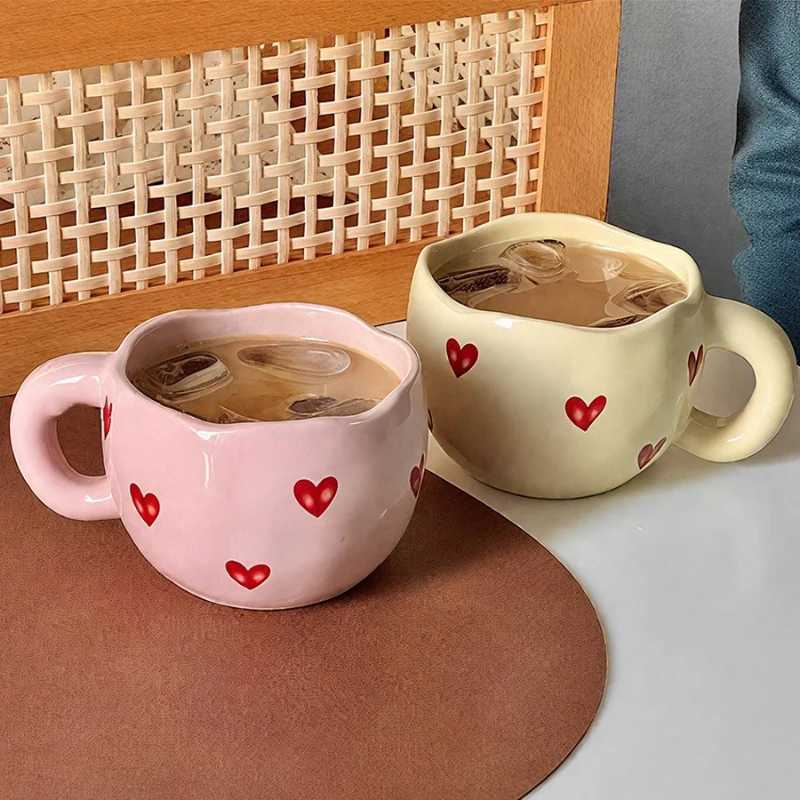 Hand Painted Heart Design Ceramic Coffee Mug With Handle For Milk Tea Romantic Gift Valentine Anniversary Couple Set D260323
