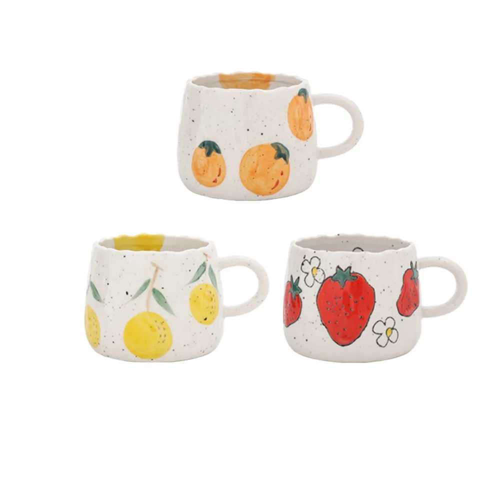 3pcs Small Ceramic Cup With Hand Drawn Strawberry Orange lemon Unique Handmade Cute Floral Mug Ideal For Restaurants H260323