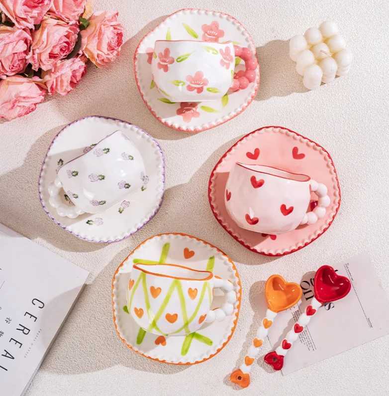 1Set Asymmetrical Hand-Kneaded Flower Coffee Cup and Saucer Niche Design Bow Coffee Cup and Saucer Exquisite High-End Coffee Cup H260323