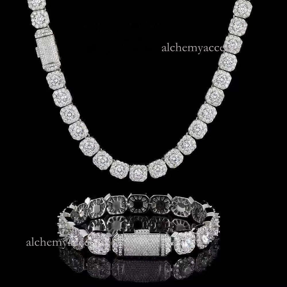 Necklace and bracelet, rock sugar diamond, custom, VVS grade, 10mm, large tennis chain, solid back link, hip-hop rock, men's high-end style