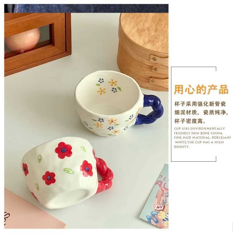 250ml Hand-made Irregular Ceramic Mug Hand-painted Flower Pattern Coffee Cup Childrens Breakfast Milk Cup Kitchen Drinkware H260323